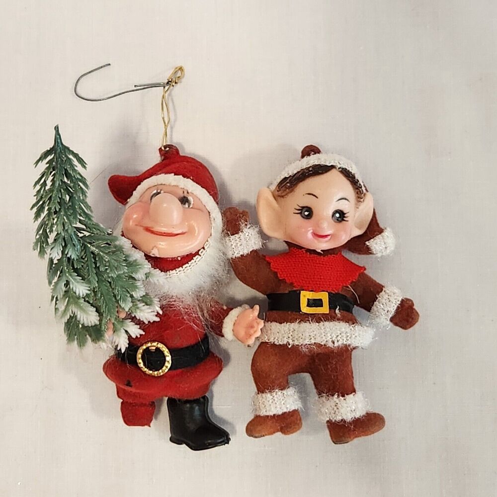 Vintage MCM Elves Elf 1 with Tree 4" Tall Christmas Flocked Plastic *FLAW*